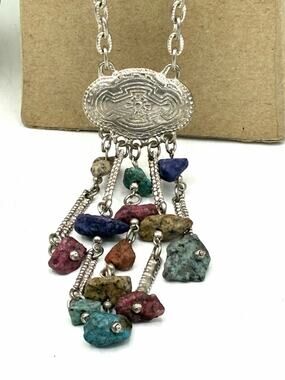 Vintage Boho Raw Gemstone Tassel Necklace Engraved Medallion Silver Tone 30in